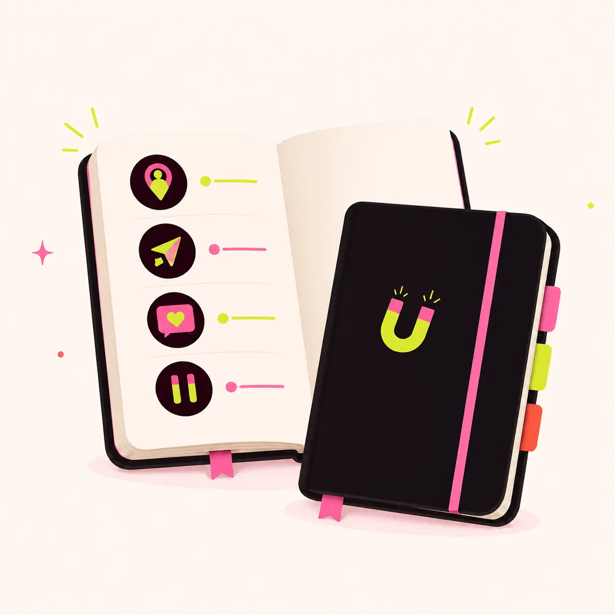 Ilustração de um caderno com uma sequência prática de ações