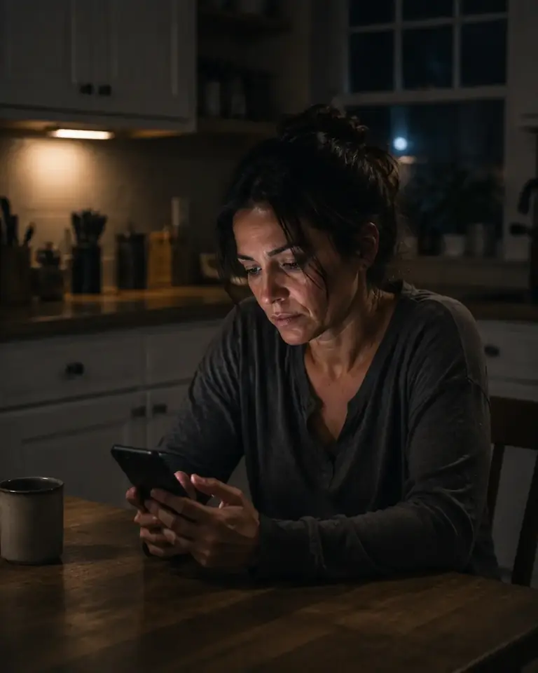 Mulher sozinha na cozinha de madrugada olhando o celular