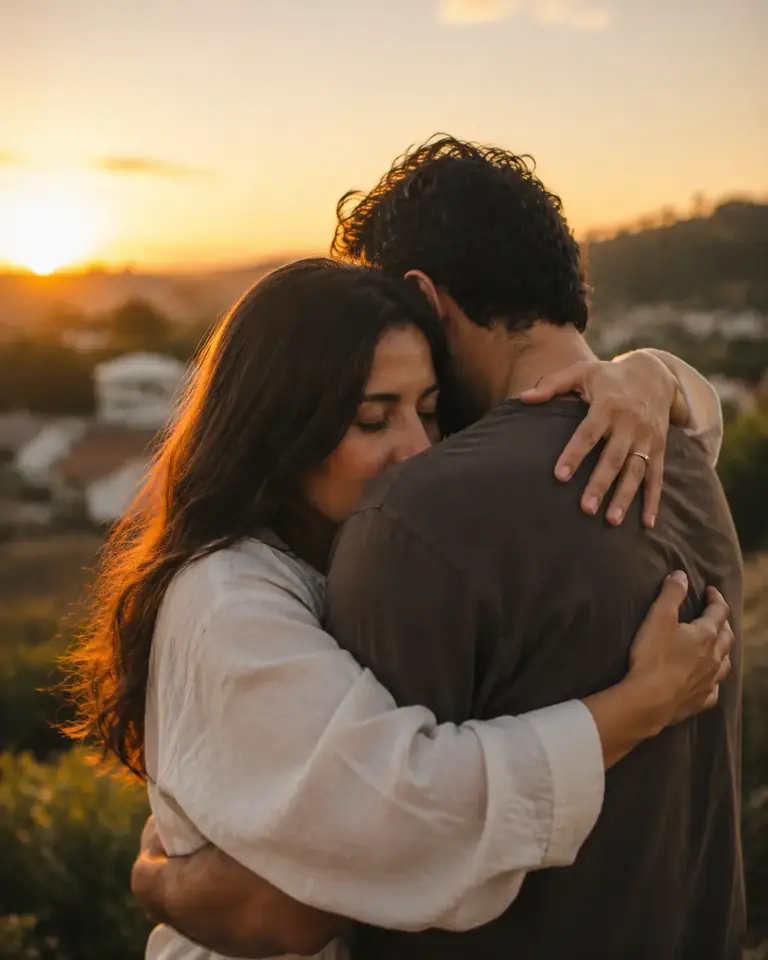 Casal se abraçando ao entardecer